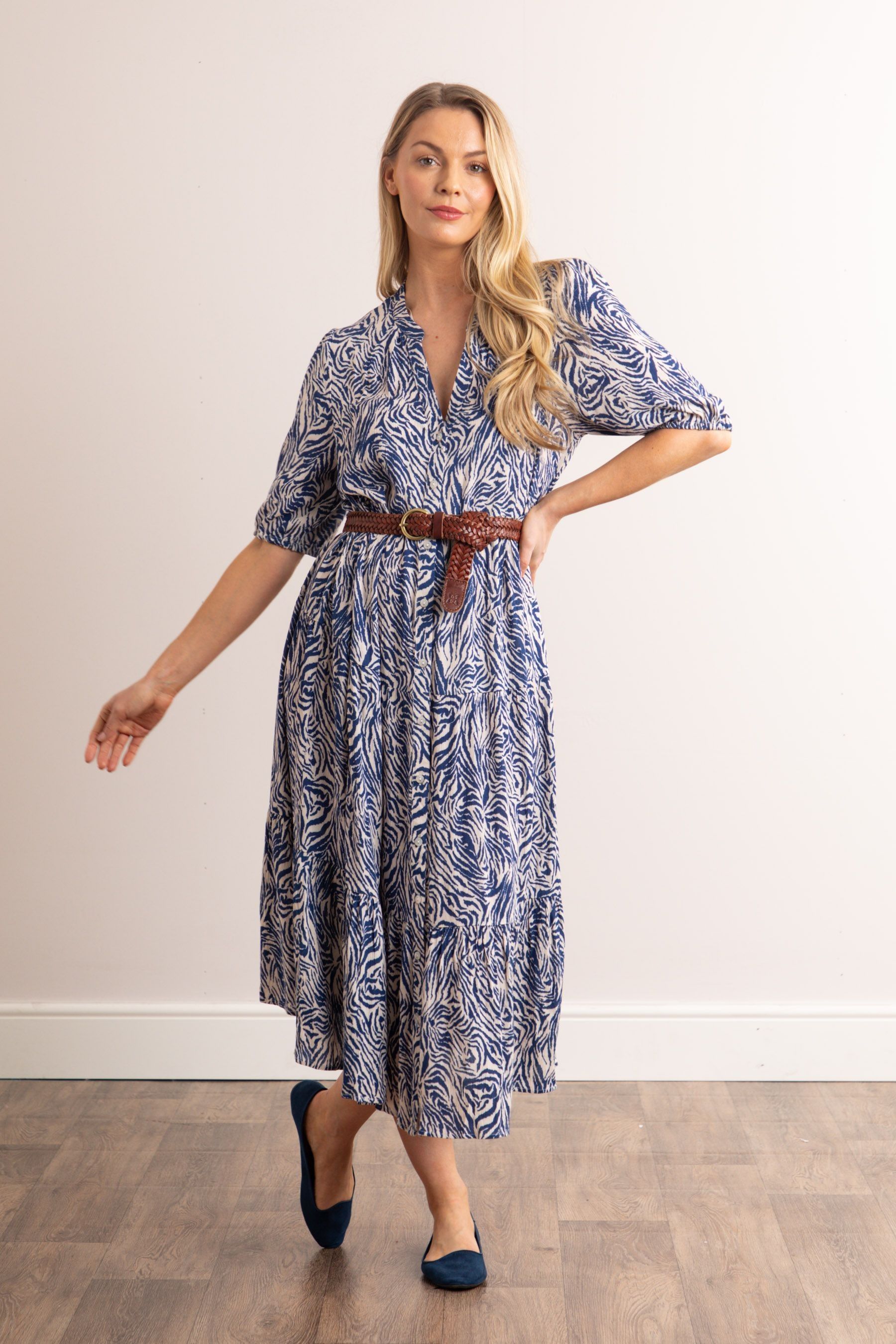 Buy Lakeland Leather Blue Clothing Serena Animal Print V Neck Button Down Midi Dress from Next Luxembourg