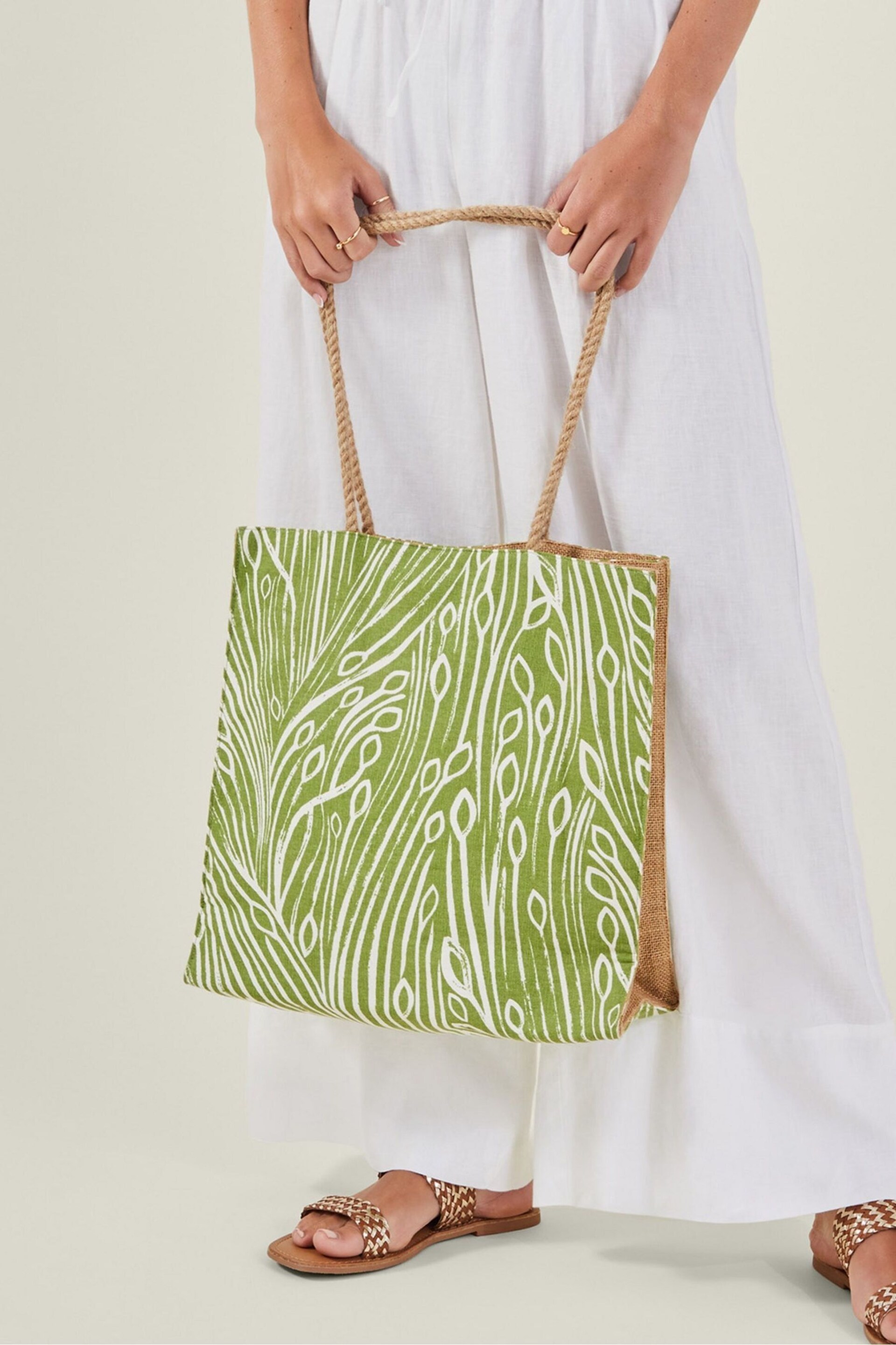 Accessorize Green Leaf Print Jute Shopper Bag - Image 1 of 4