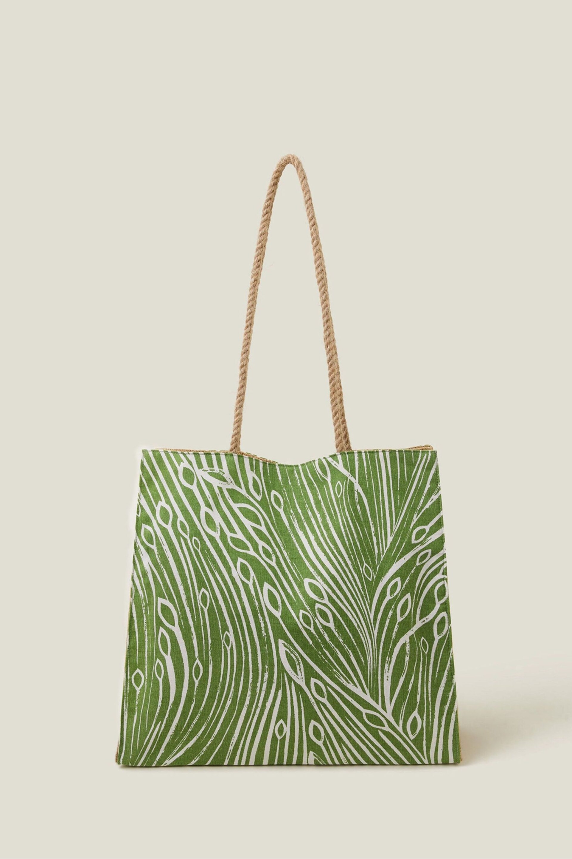 Accessorize Green Leaf Print Jute Shopper Bag - Image 2 of 4