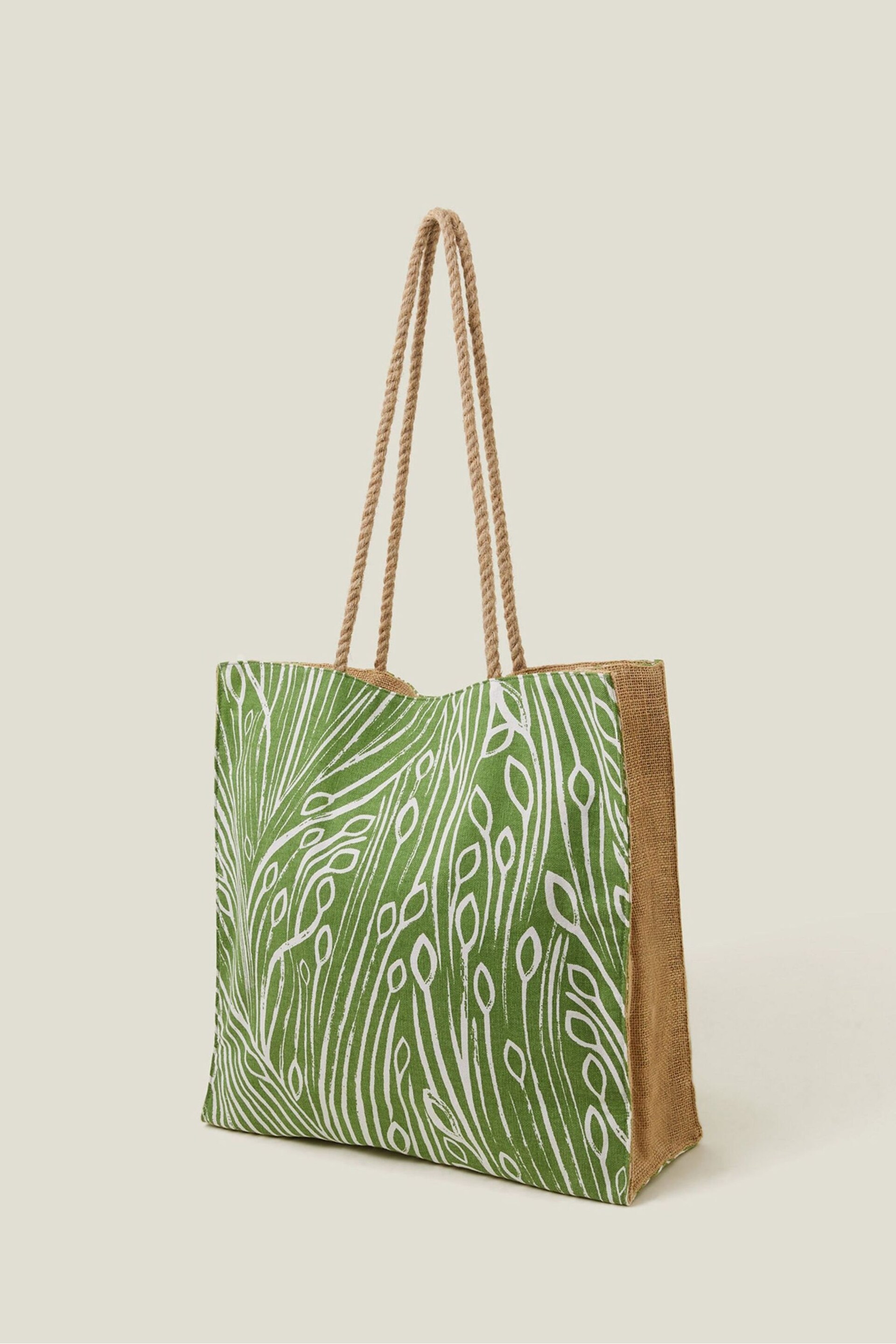 Accessorize Green Leaf Print Jute Shopper Bag - Image 3 of 4