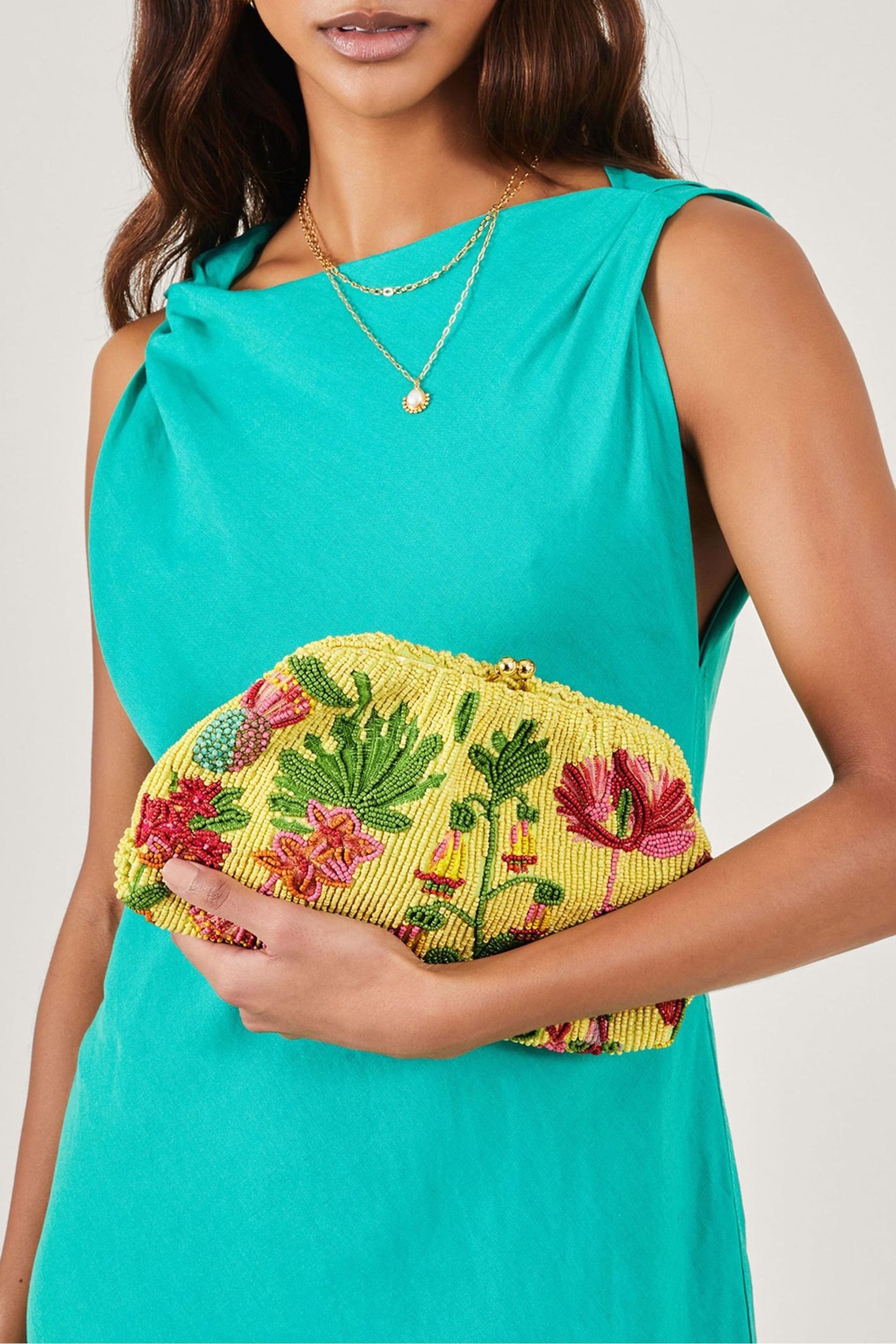 Accessorize Yellow Floral Beaded Clip Frame Bag - Image 1 of 3