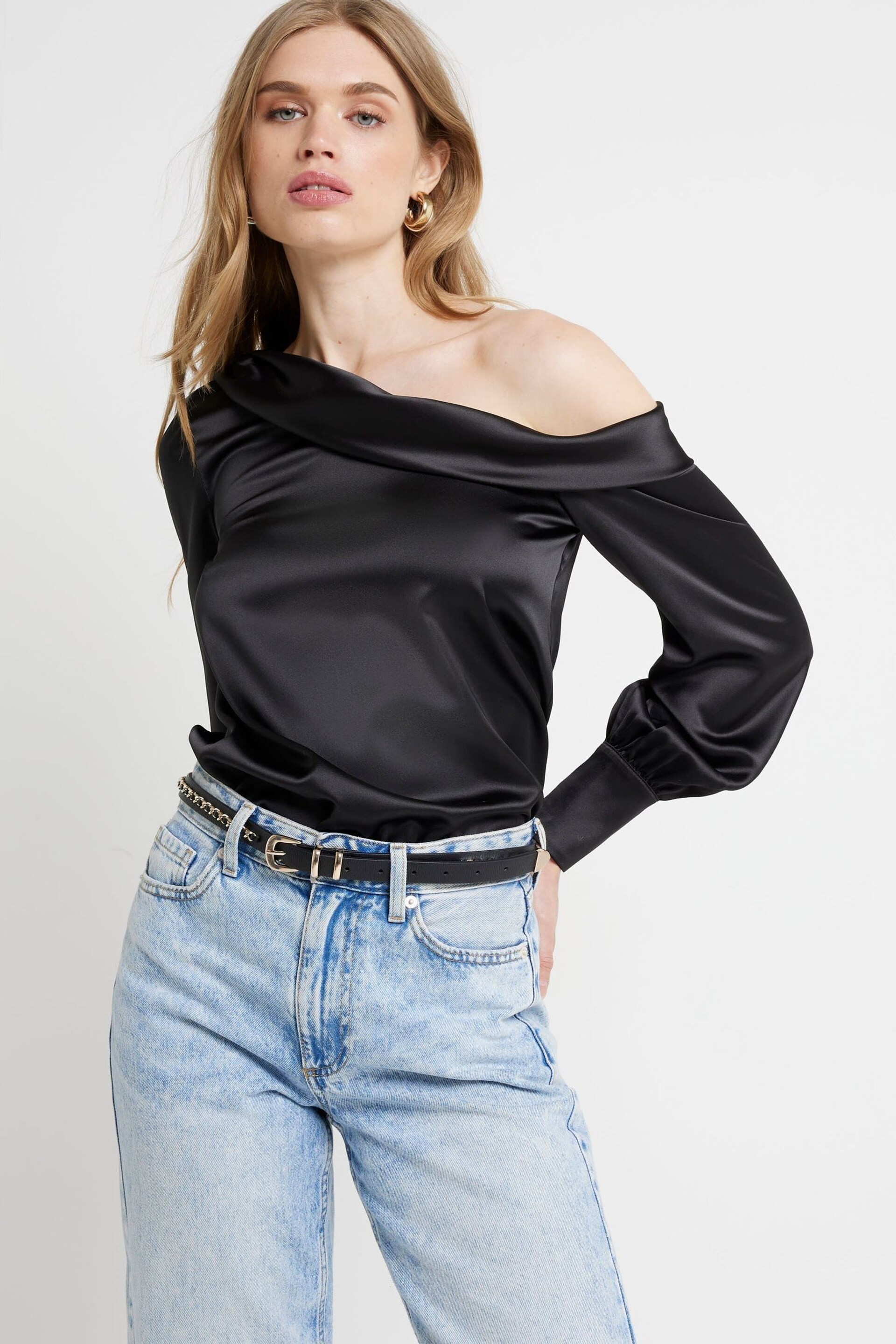 River Island Black Long Sleeve Off Shoulder Top - Image 1 of 4