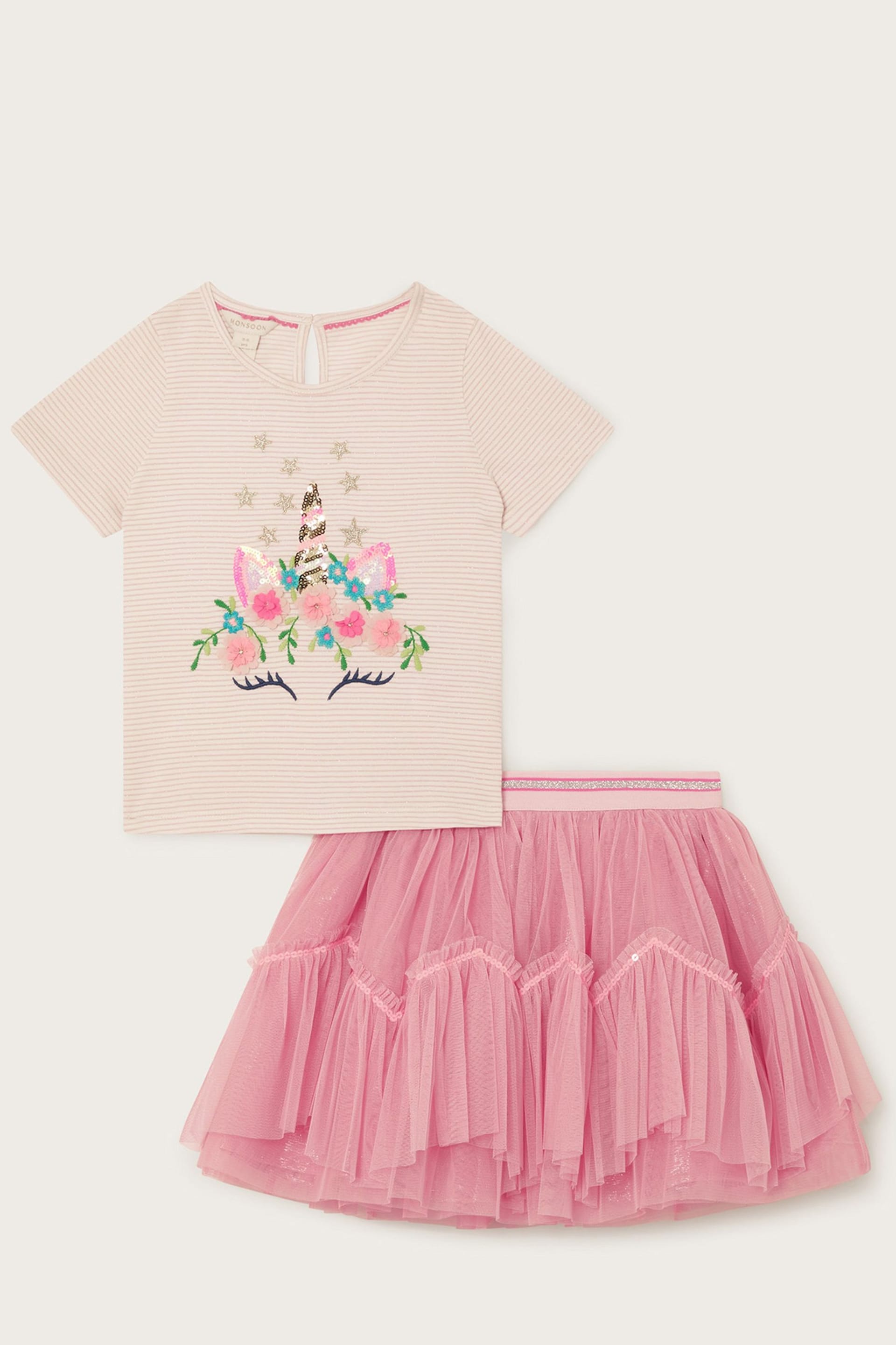 Monsoon Pink Unicorn Head Top and Skirt Set - Image 1 of 3