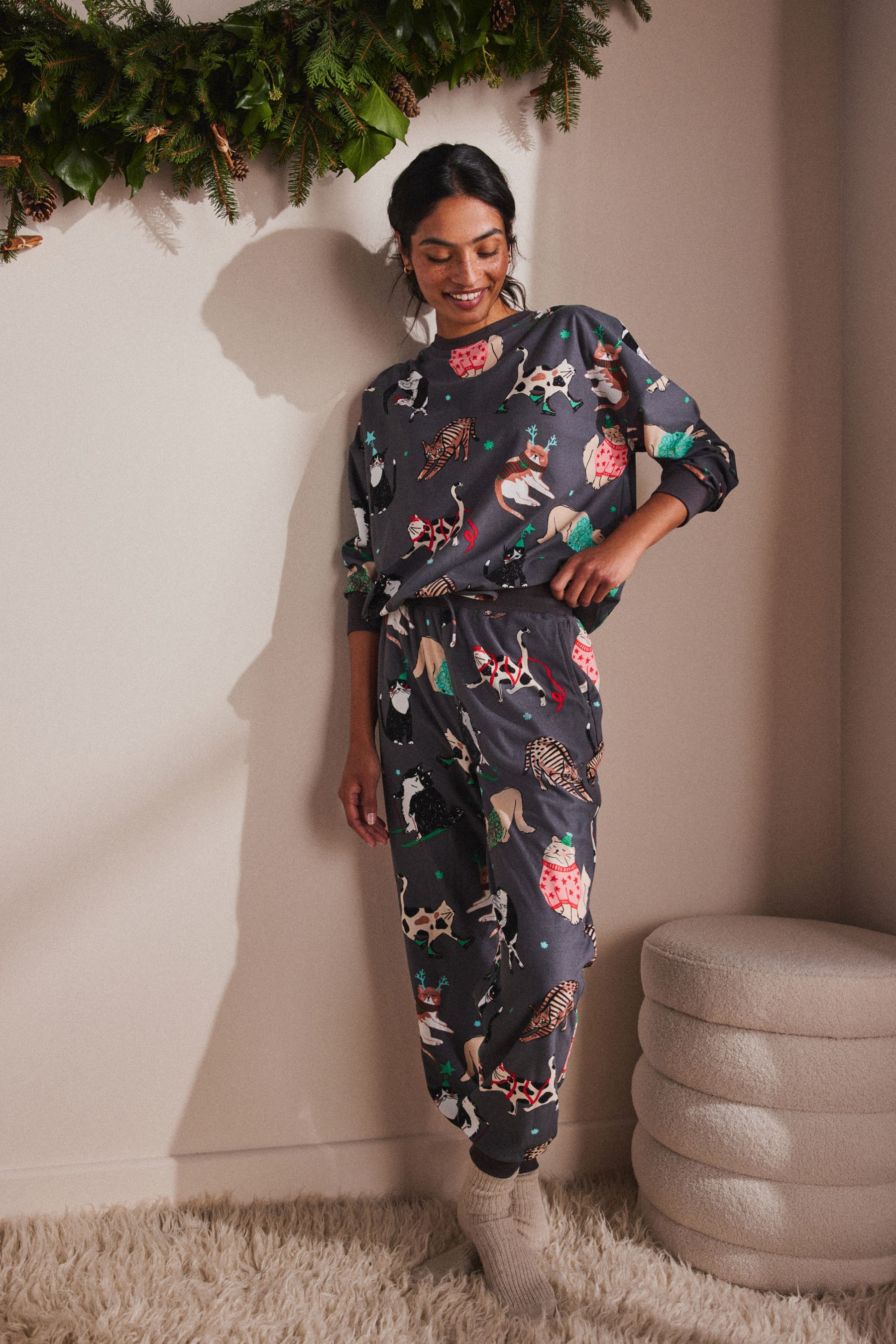 Buy Grey Christmas Cats Cosy Long Sleeve Pyjamas from the Next UK online shop