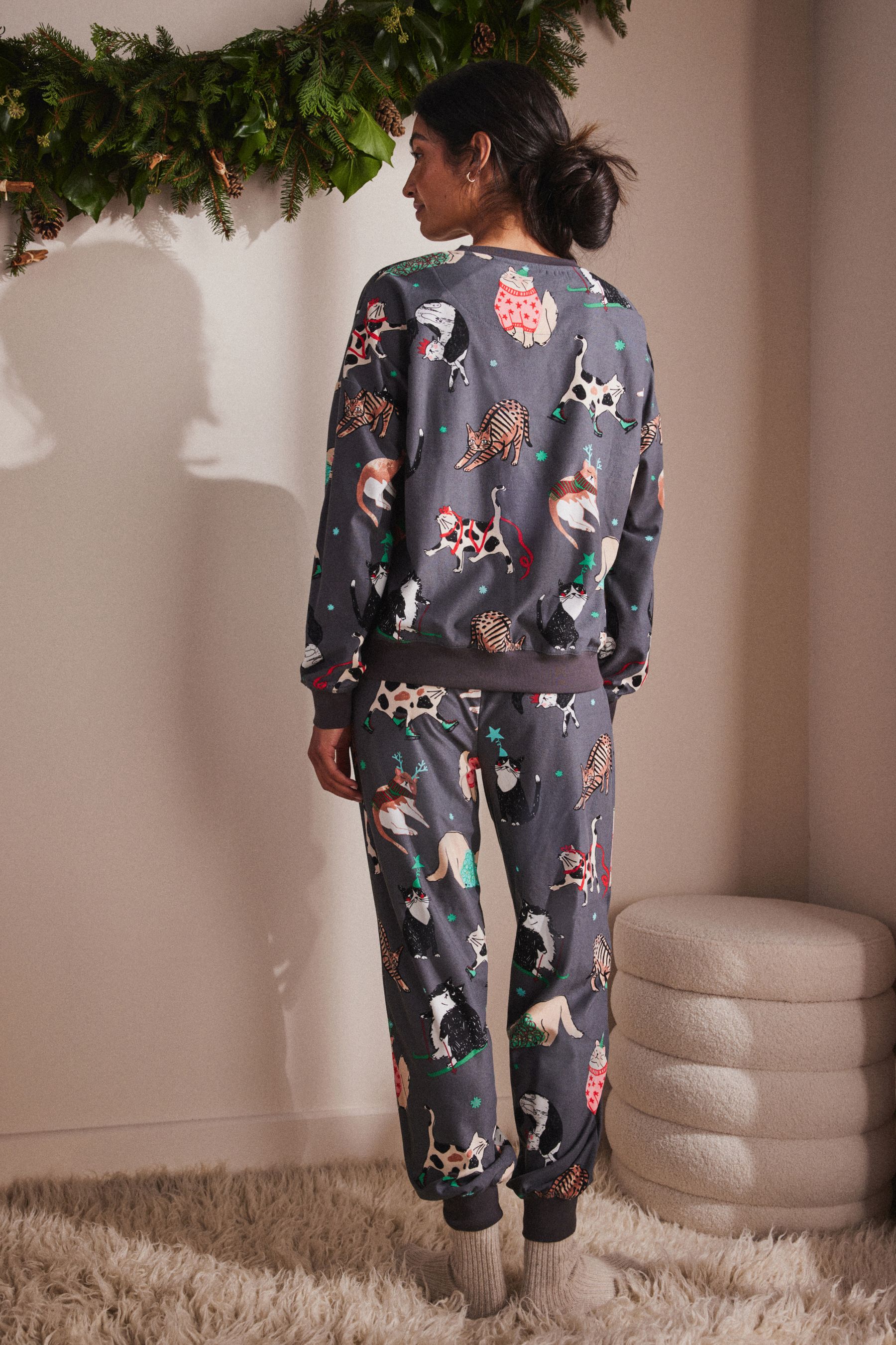 Buy Grey Christmas Cats Cosy Long Sleeve Pyjamas from the Next UK online shop