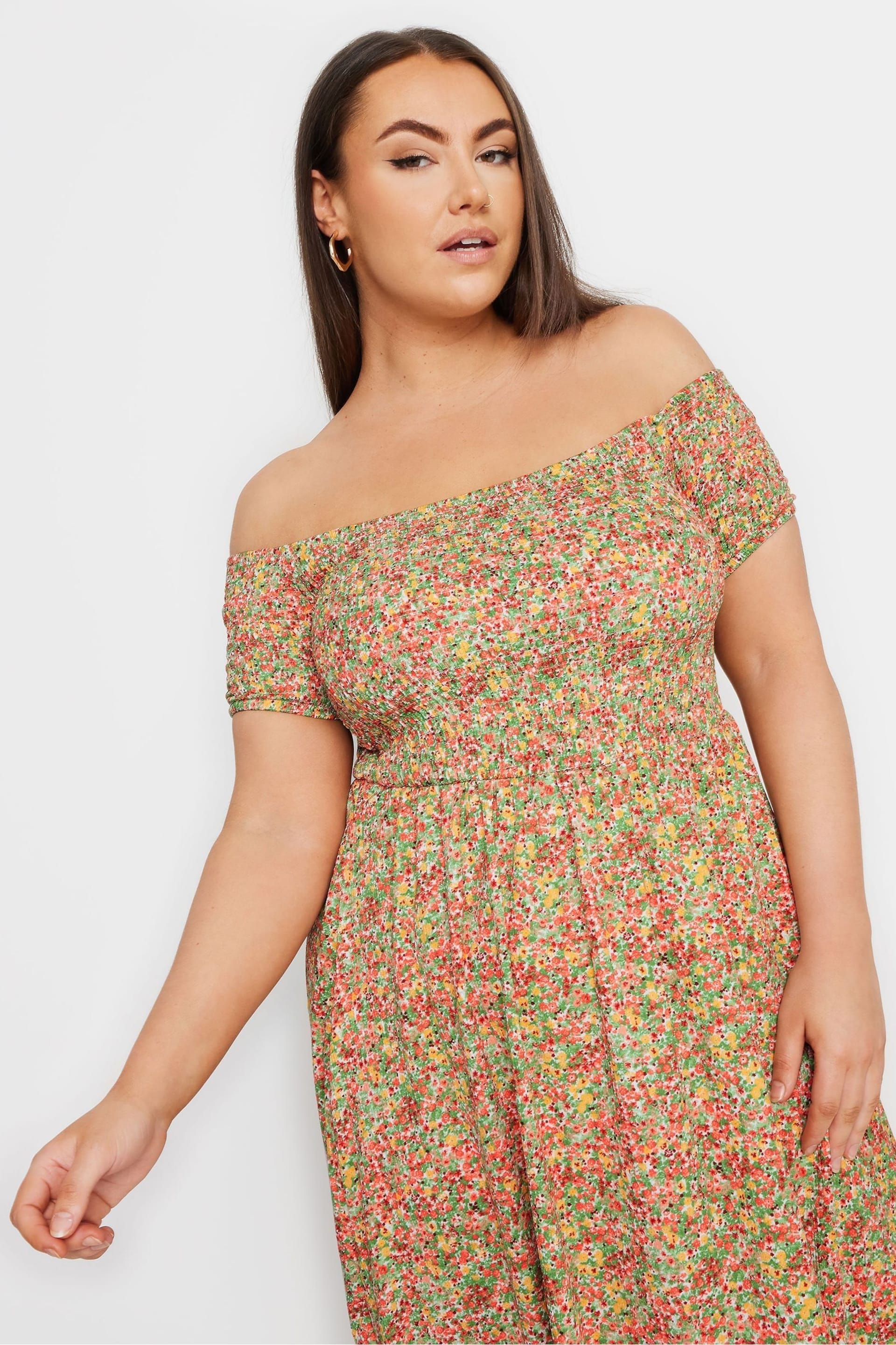 Yours Curve Pink Ditsy Floral Shirred Midaxi Dress - Image 4 of 5