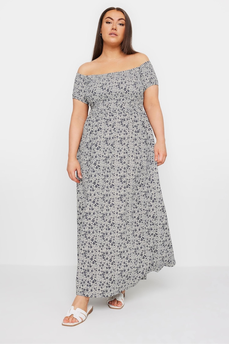 Yours Curve Blue Floral Print Bardot Midaxi Dress - Image 1 of 5