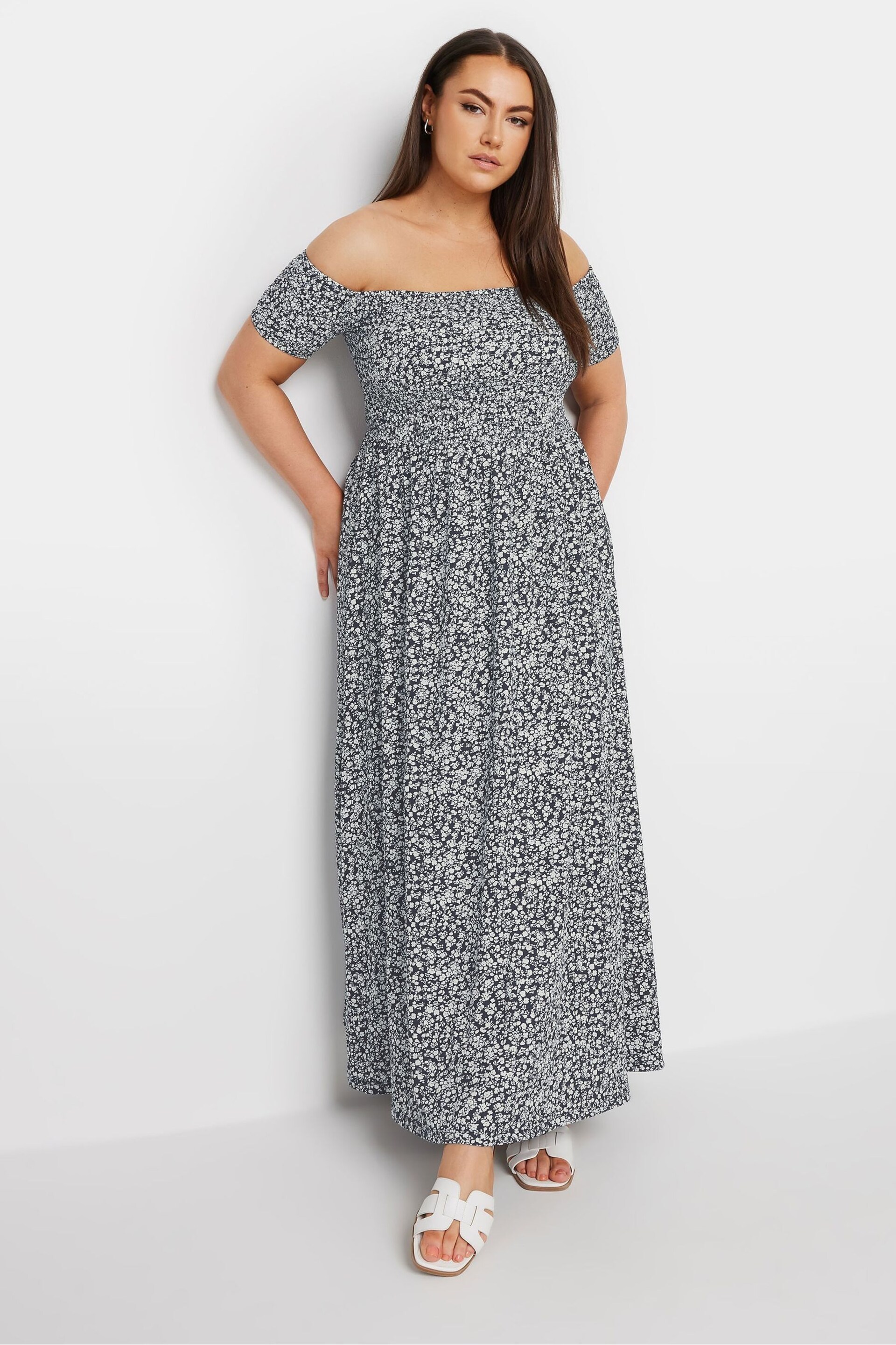 Yours Curve Blue Dark Ditsy Shirred Midaxi Dress - Image 1 of 5