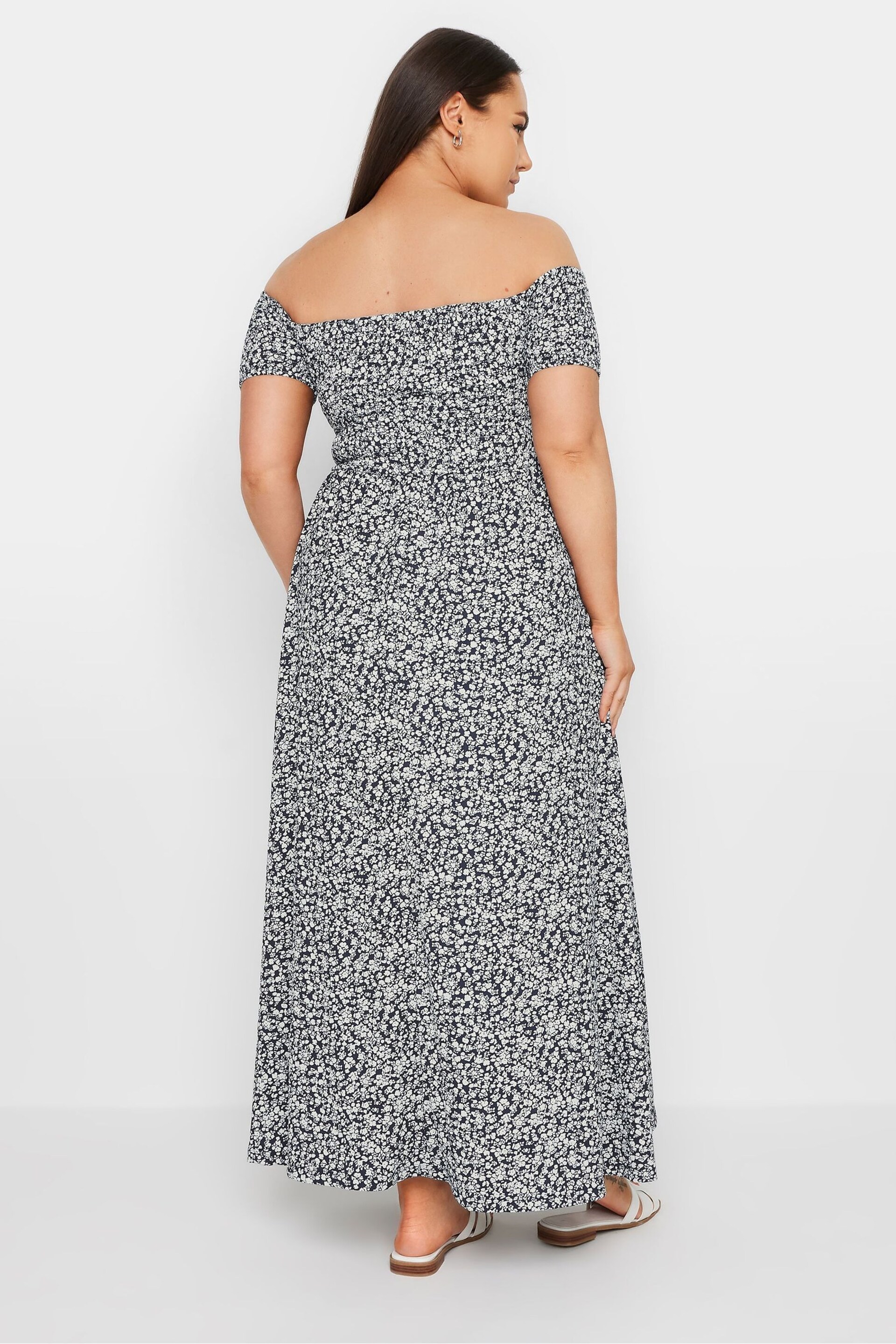 Yours Curve Blue Dark Ditsy Shirred Midaxi Dress - Image 3 of 5