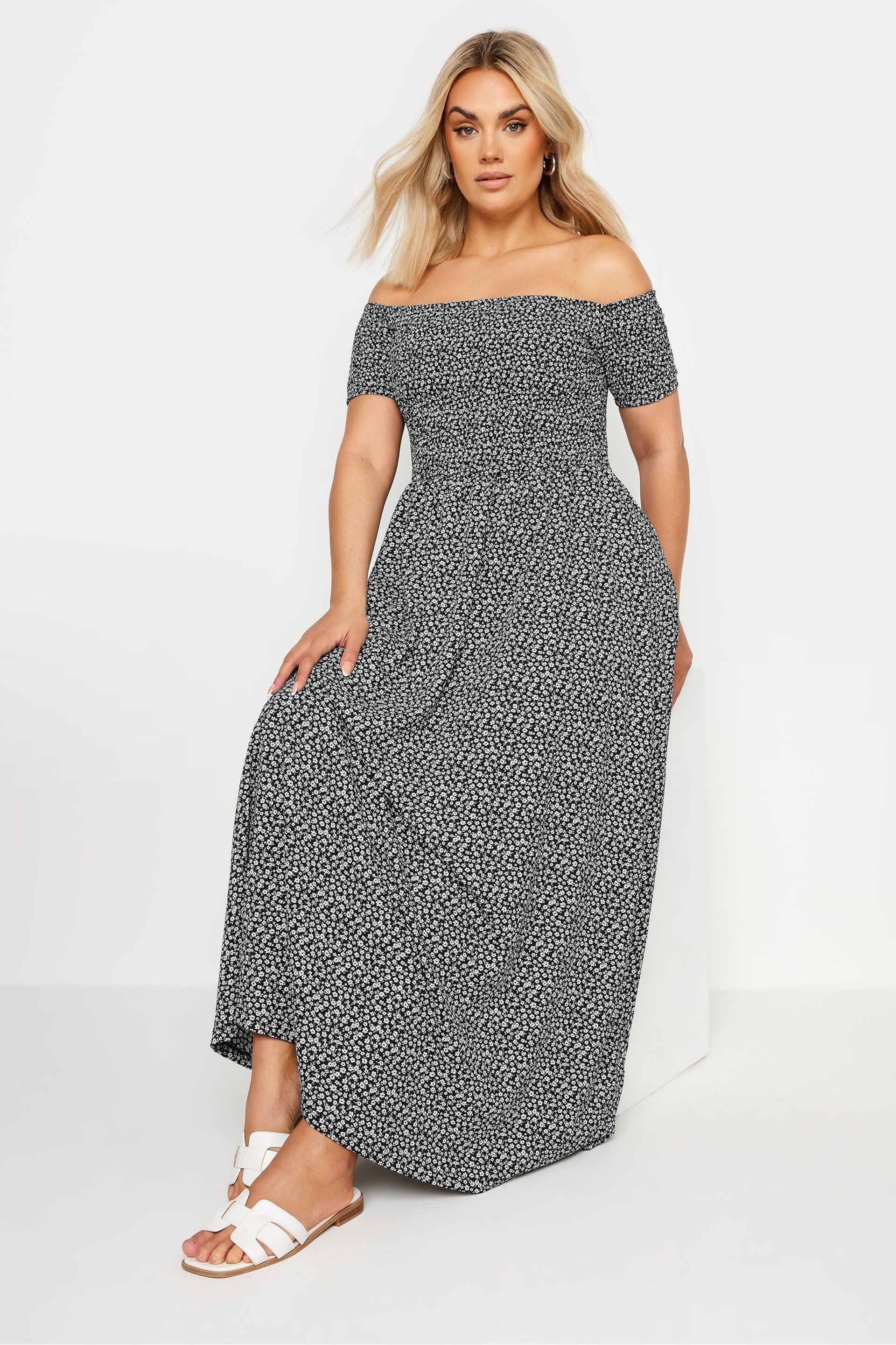 Yours Curve Black Denim Ditsy Shirred Midaxi Dress - Image 2 of 6