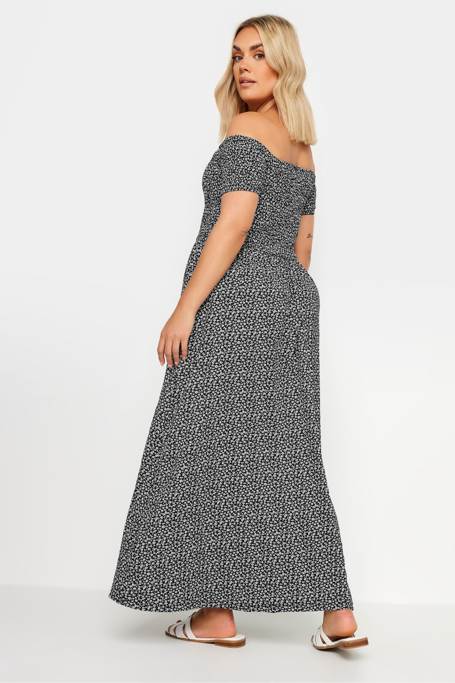 Yours Curve Black Denim Ditsy Shirred Midaxi Dress - Image 4 of 6