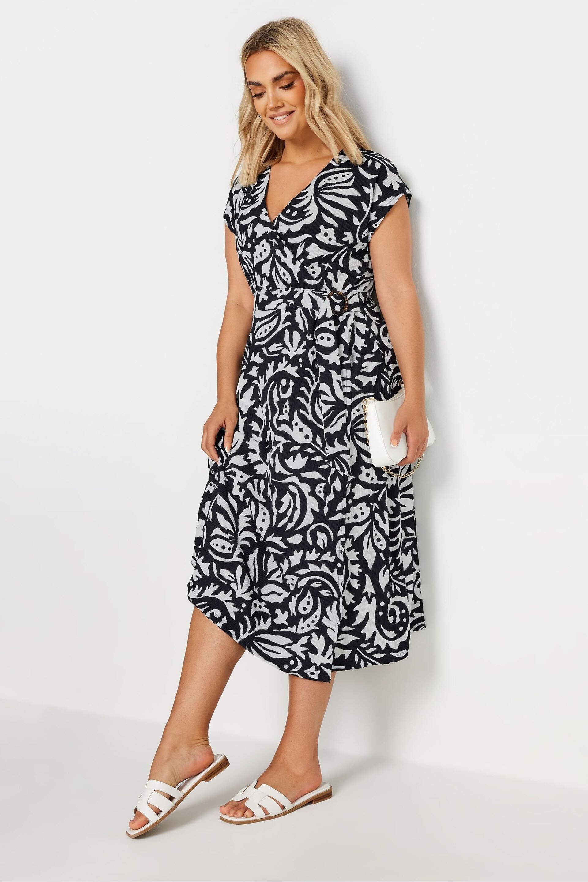 Yours Curve Black & White Floral Print Wrap Dress - Image 2 of 5