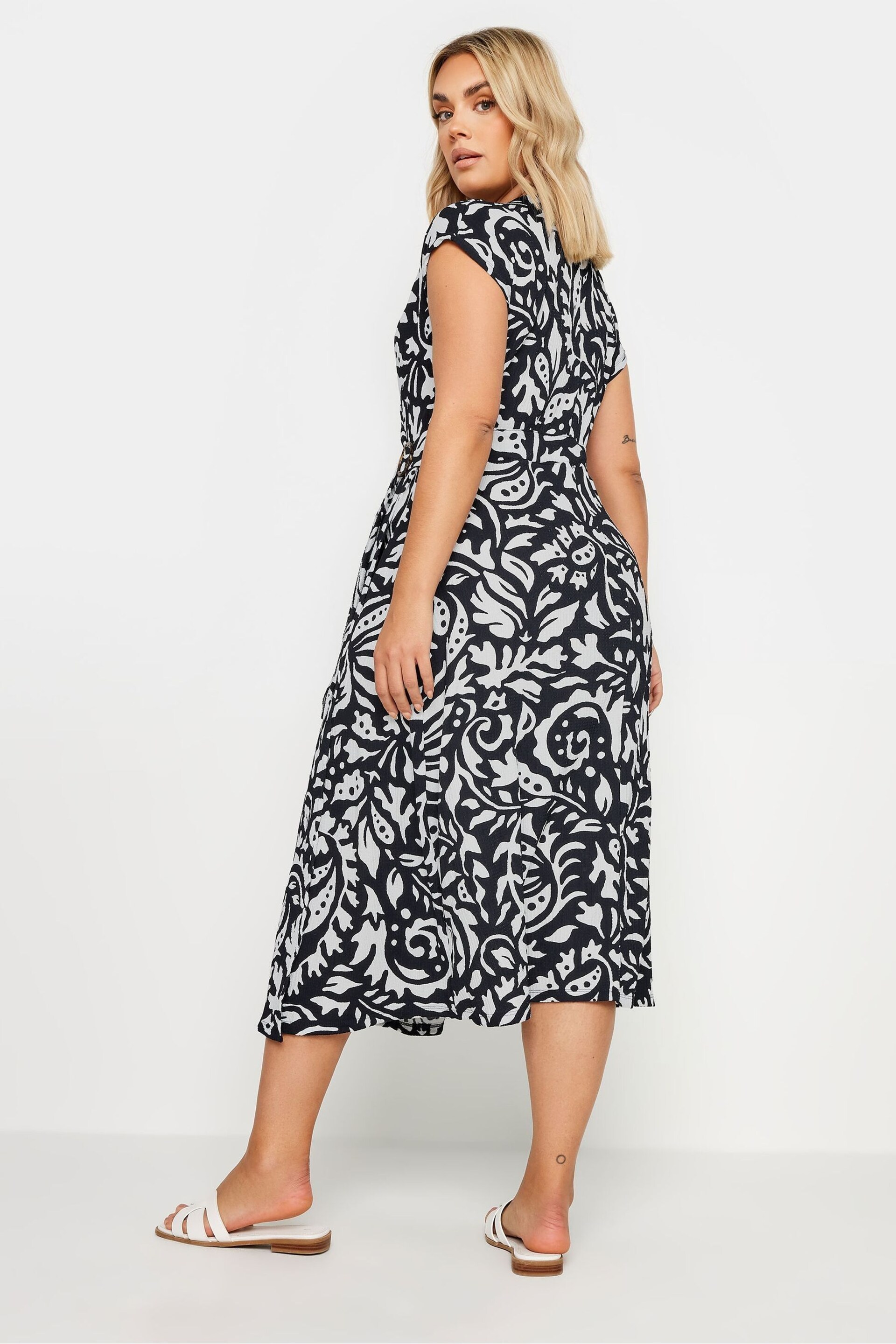 Yours Curve Black & White Floral Print Wrap Dress - Image 3 of 5