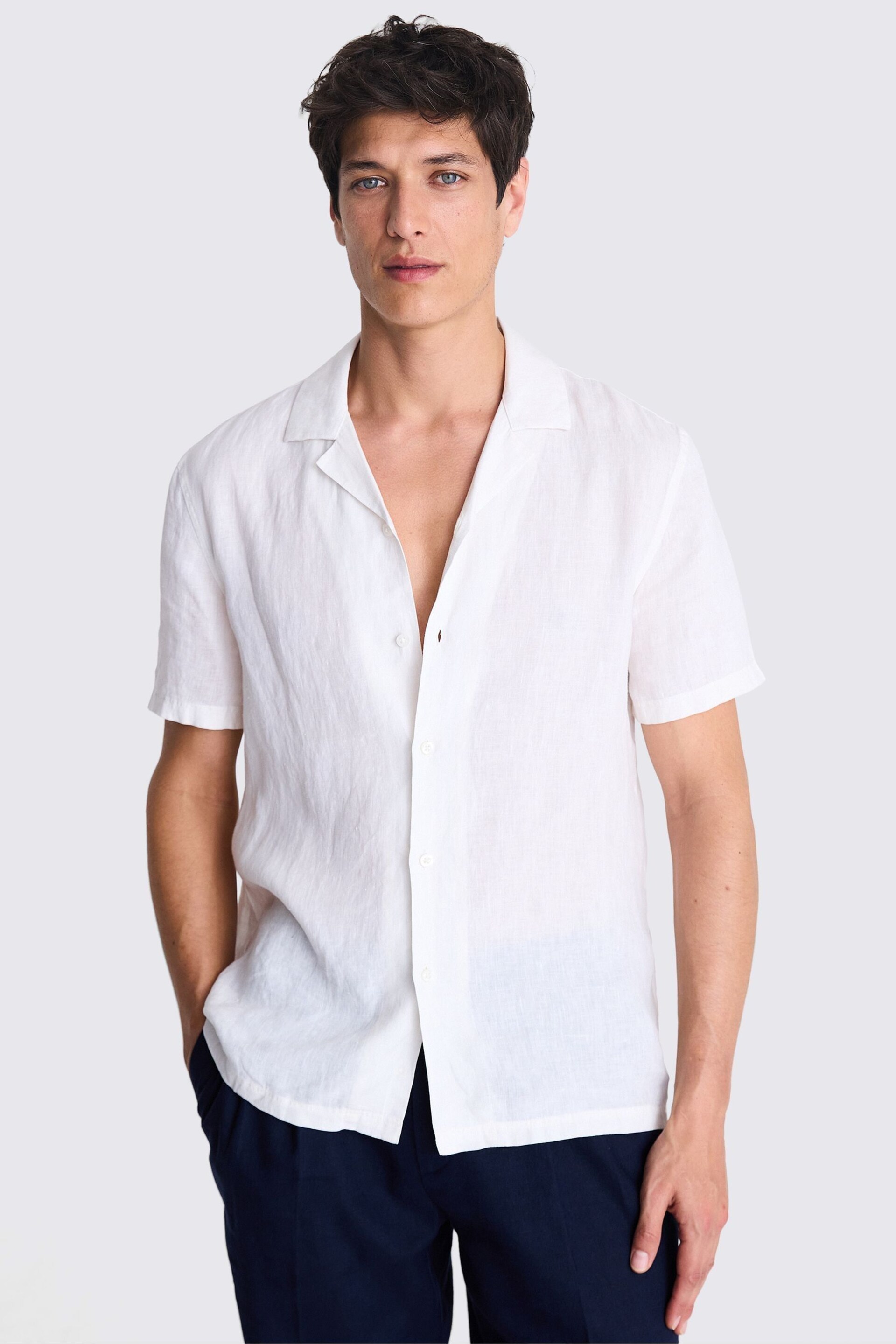 MOSS White Tailored Fit Linen Cuban Collar Shirt - Image 1 of 4