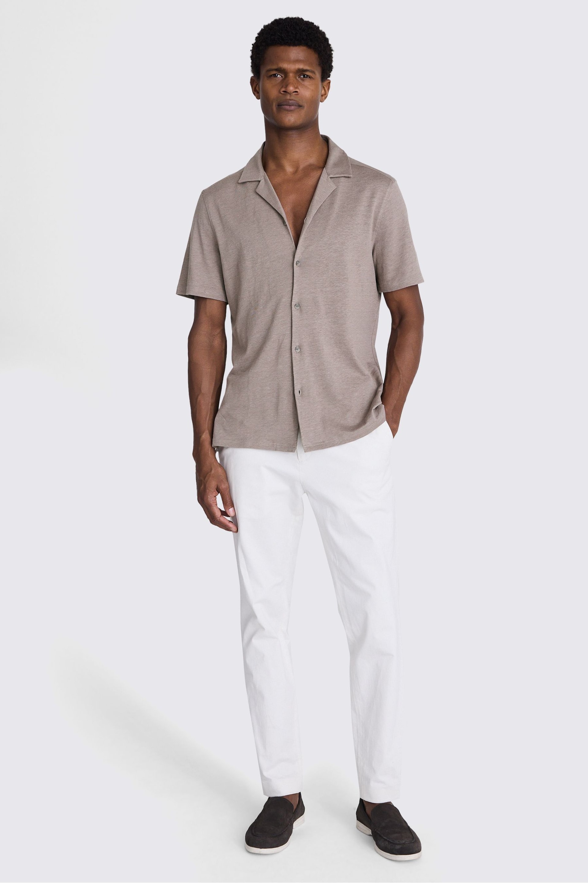 MOSS Dark Taupe Linen Blend Knitted Cuban Collar Shirt - Image 1 of 3