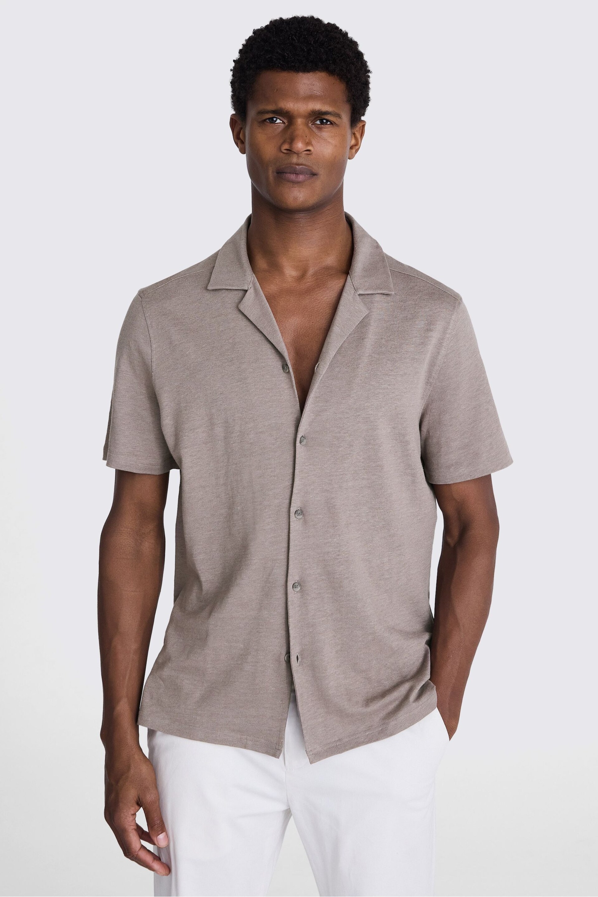 MOSS Dark Taupe Linen Blend Knitted Cuban Collar Shirt - Image 2 of 3