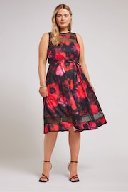 Yours Curve Black Floral Mesh Panel Skater Dress - Image 2 of 5