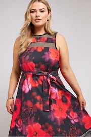 Yours Curve Black Floral Mesh Panel Skater Dress - Image 4 of 5