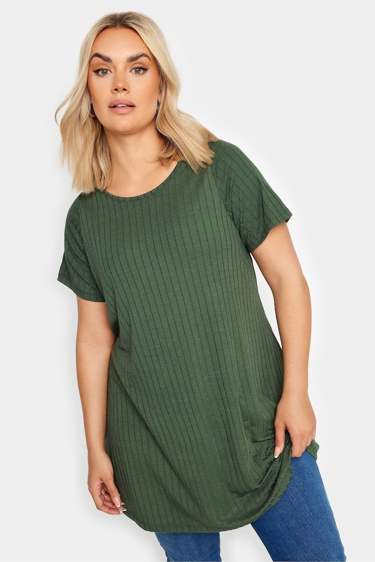 Yours Curve Green Ribbed Short Sleeve Swing Top - Image 1 of 5