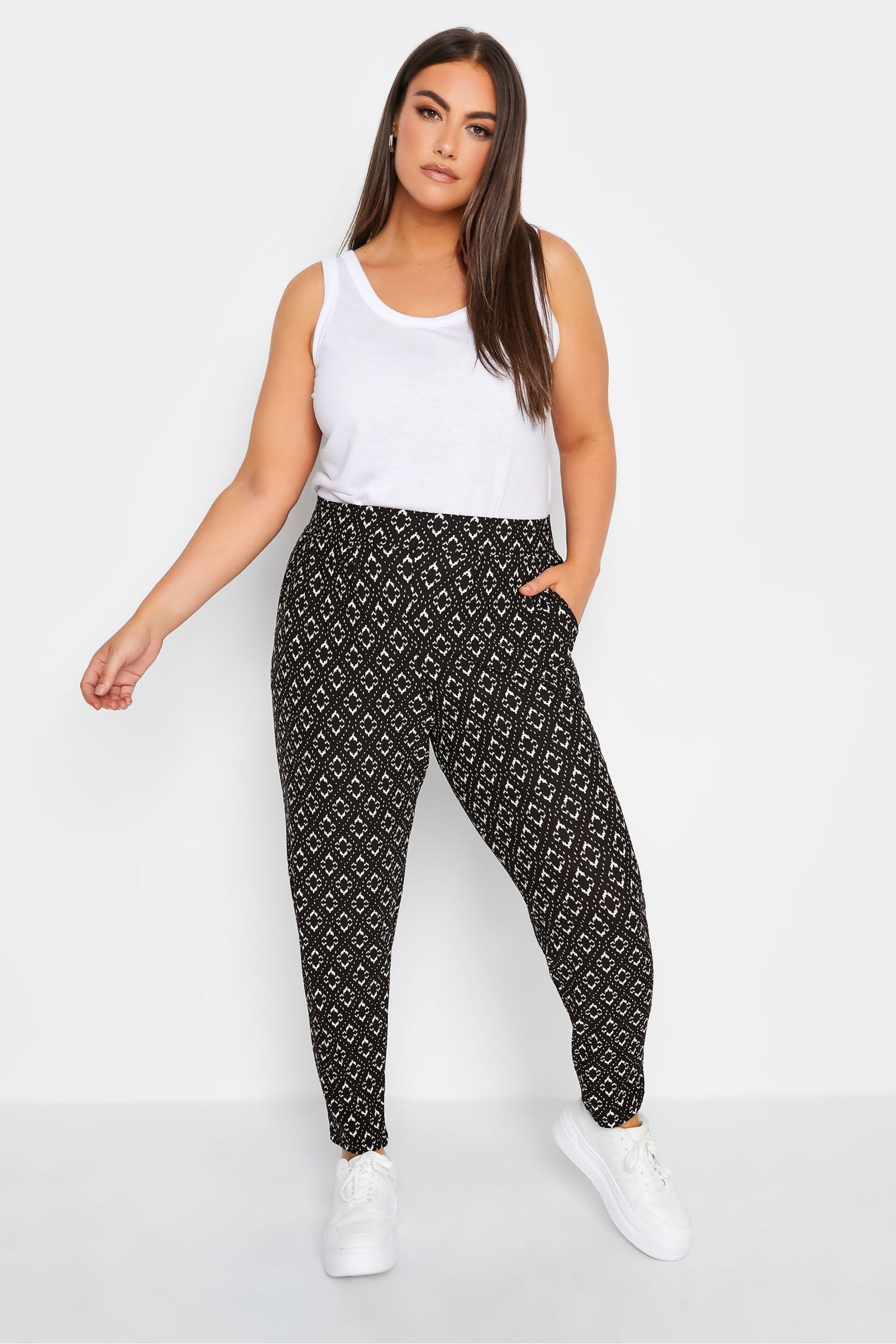 Yours Curve Black Abstract Double Pleated Harem Trousers - Image 2 of 3