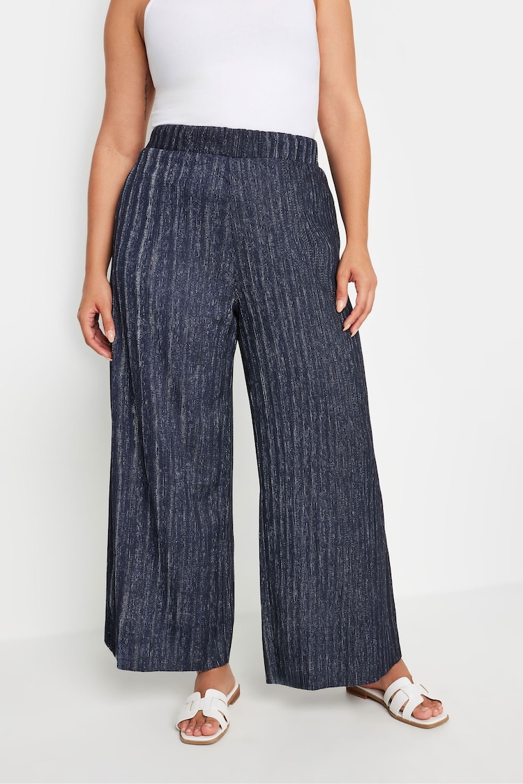 Yours Curve Blue Textured Wide Leg Trousers - Image 2 of 5