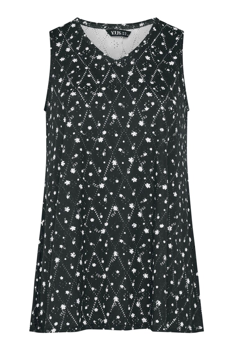 Yours Curve Black Floral Broderie Pleated Vest Top - Image 5 of 5