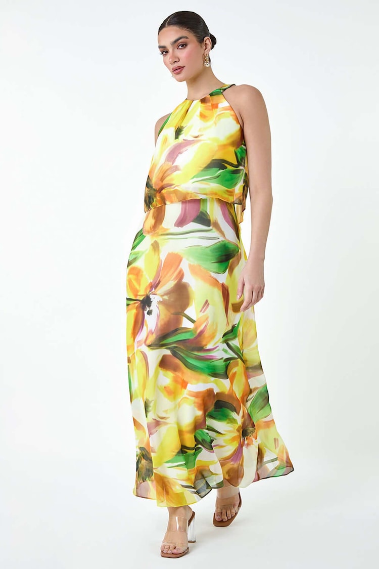 Roman Yellow Abstract Print Chiffon Overlay Maxi Dress - Image 1 of 5