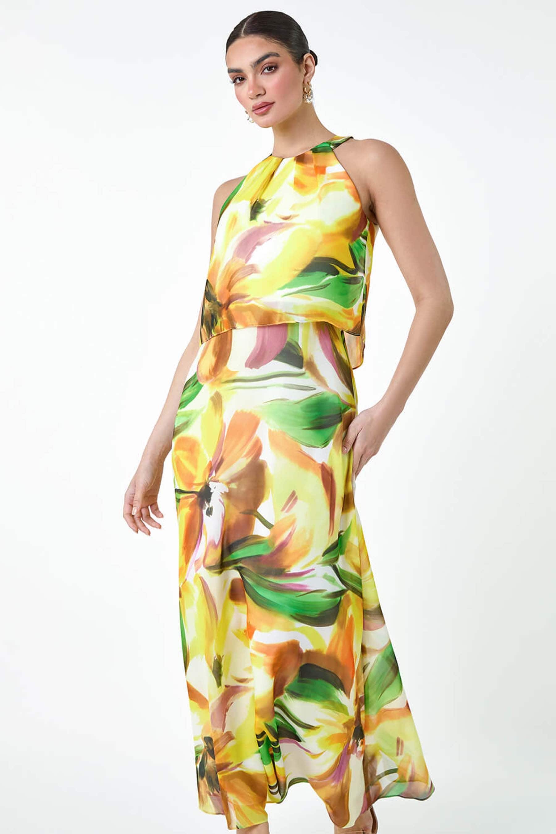 Buy Roman Yellow Abstract Print Chiffon Overlay Maxi Dress from the Next UK online shop