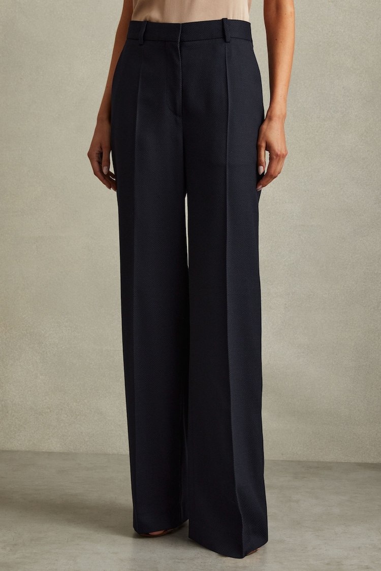 Reiss Navy Hallie Textured Wide Leg Suit Trousers - Image 1 of 7