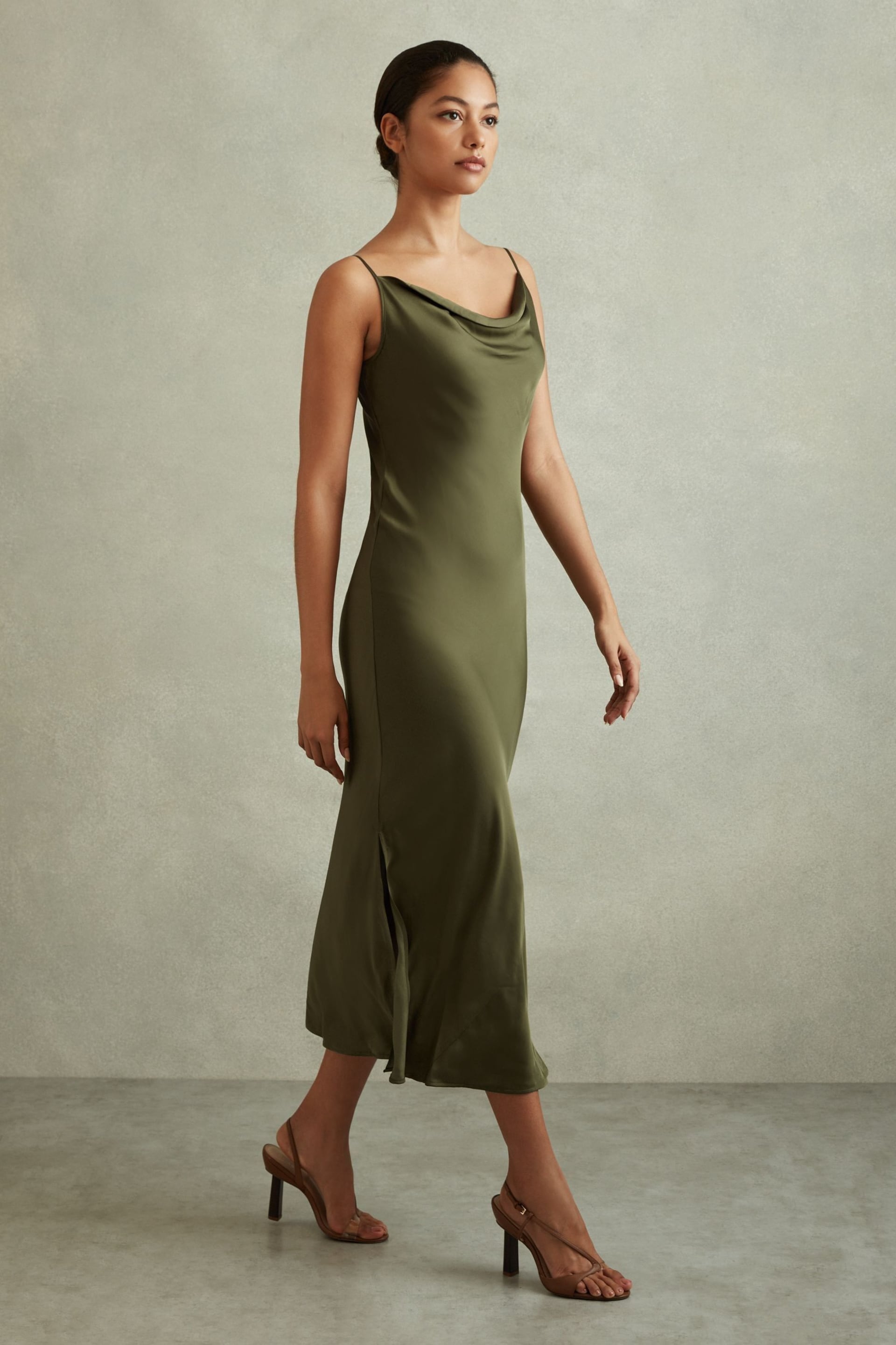 Reiss Khaki Isabel Satin Cowl Neck Midi Dress - Image 1 of 5