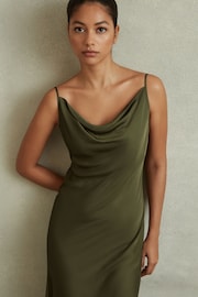 Reiss Khaki Isabel Satin Cowl Neck Midi Dress - Image 3 of 5