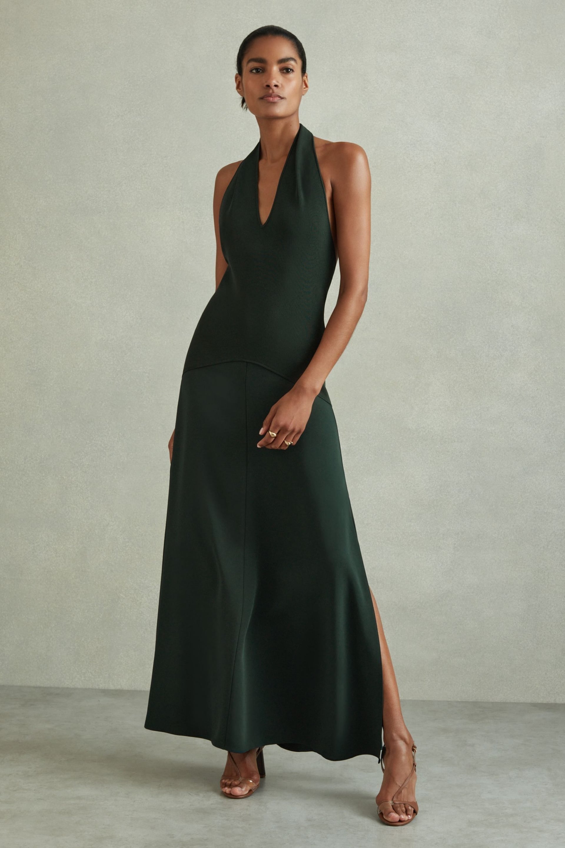 Reiss Green Rene Hybrid Knit Midi Dress - Image 1 of 5