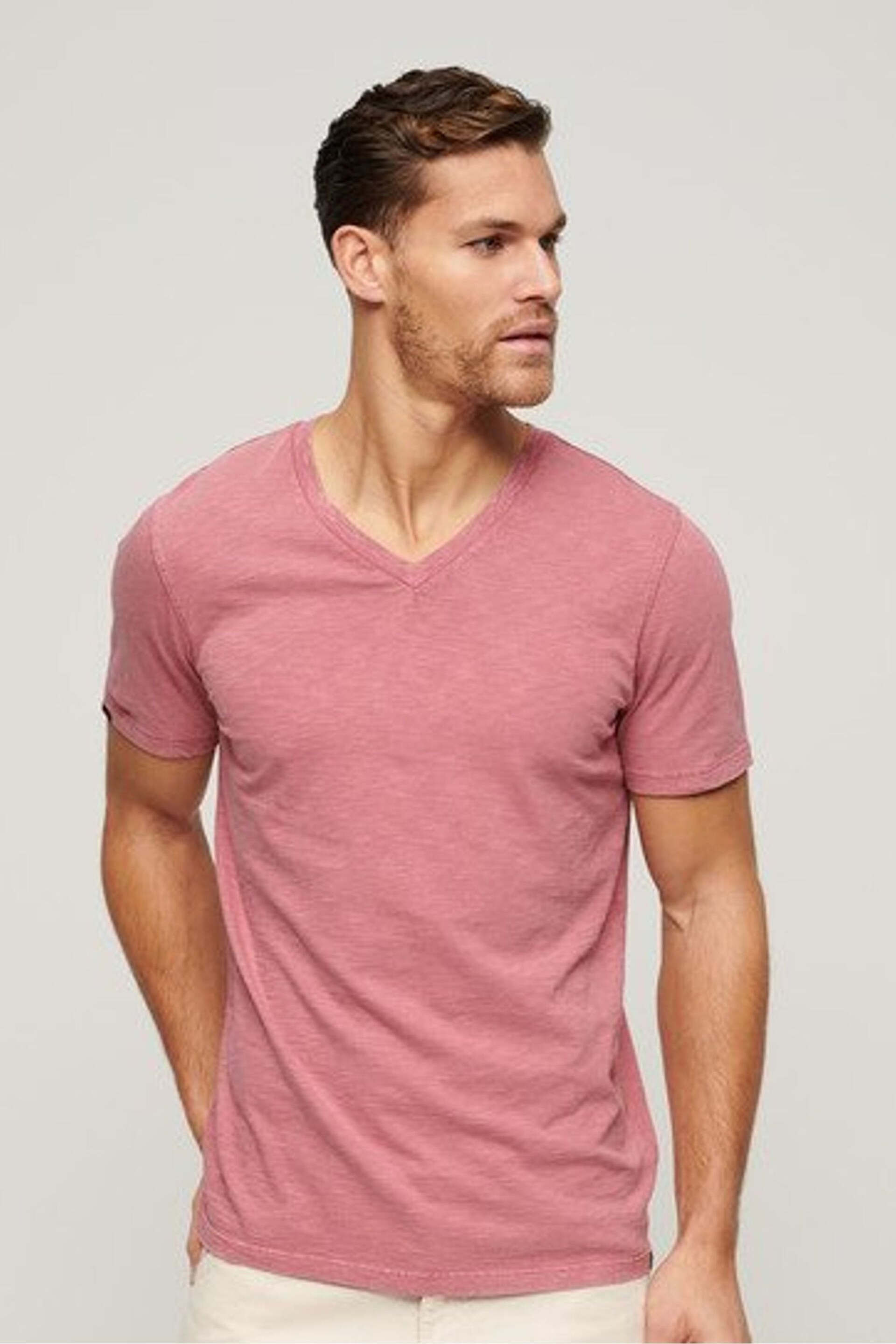 Superdry Pink Superdry V-Neck Slub Short Sleeve T-Shirt - Image 1 of 6