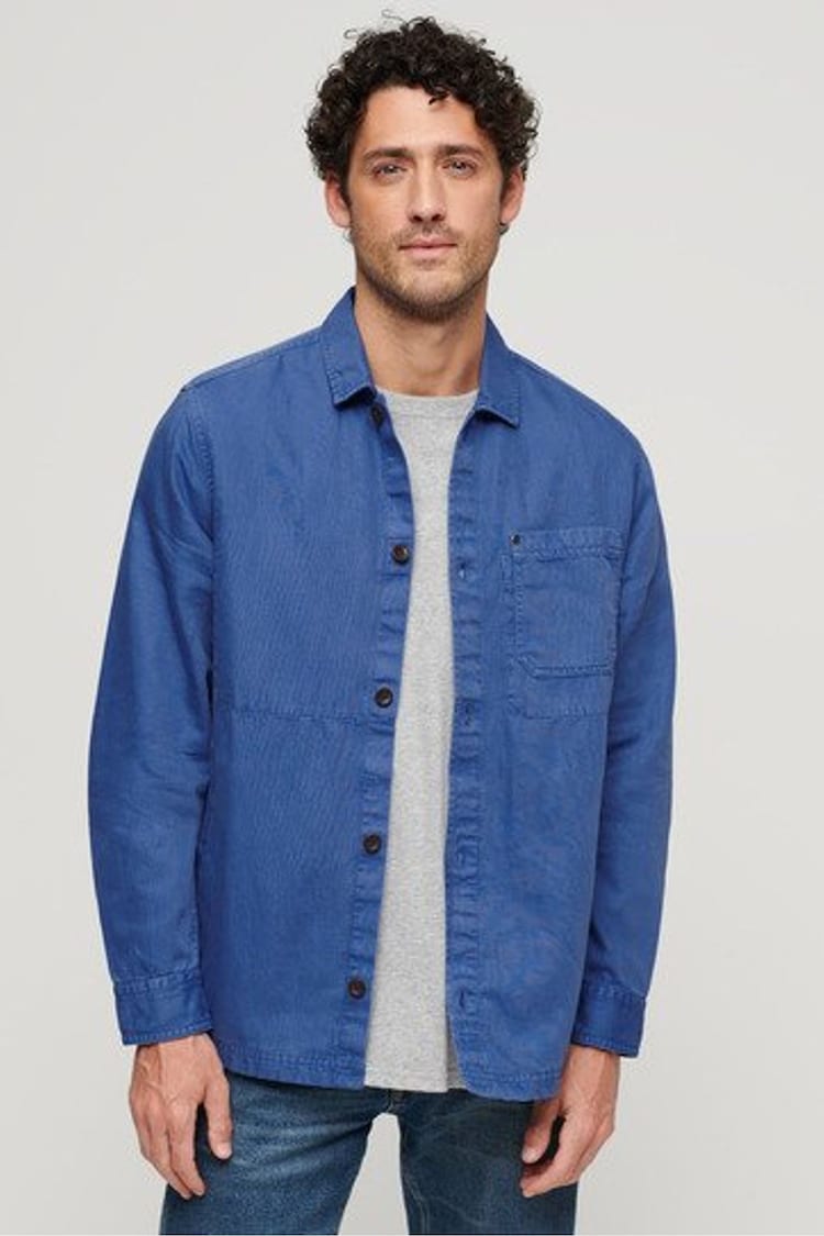 Superdry Blue The Merchant Store Linen Blend Overshirt - Image 1 of 6