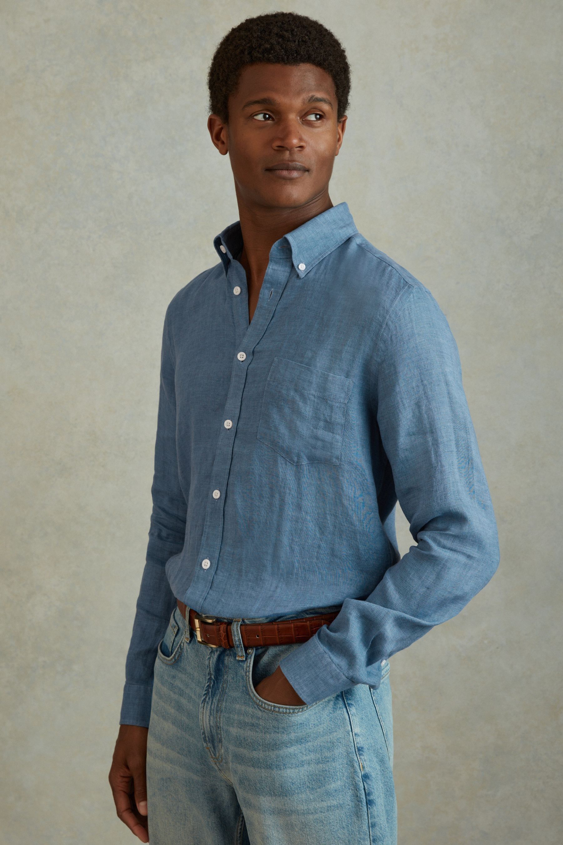 Blue button down collar shirt top