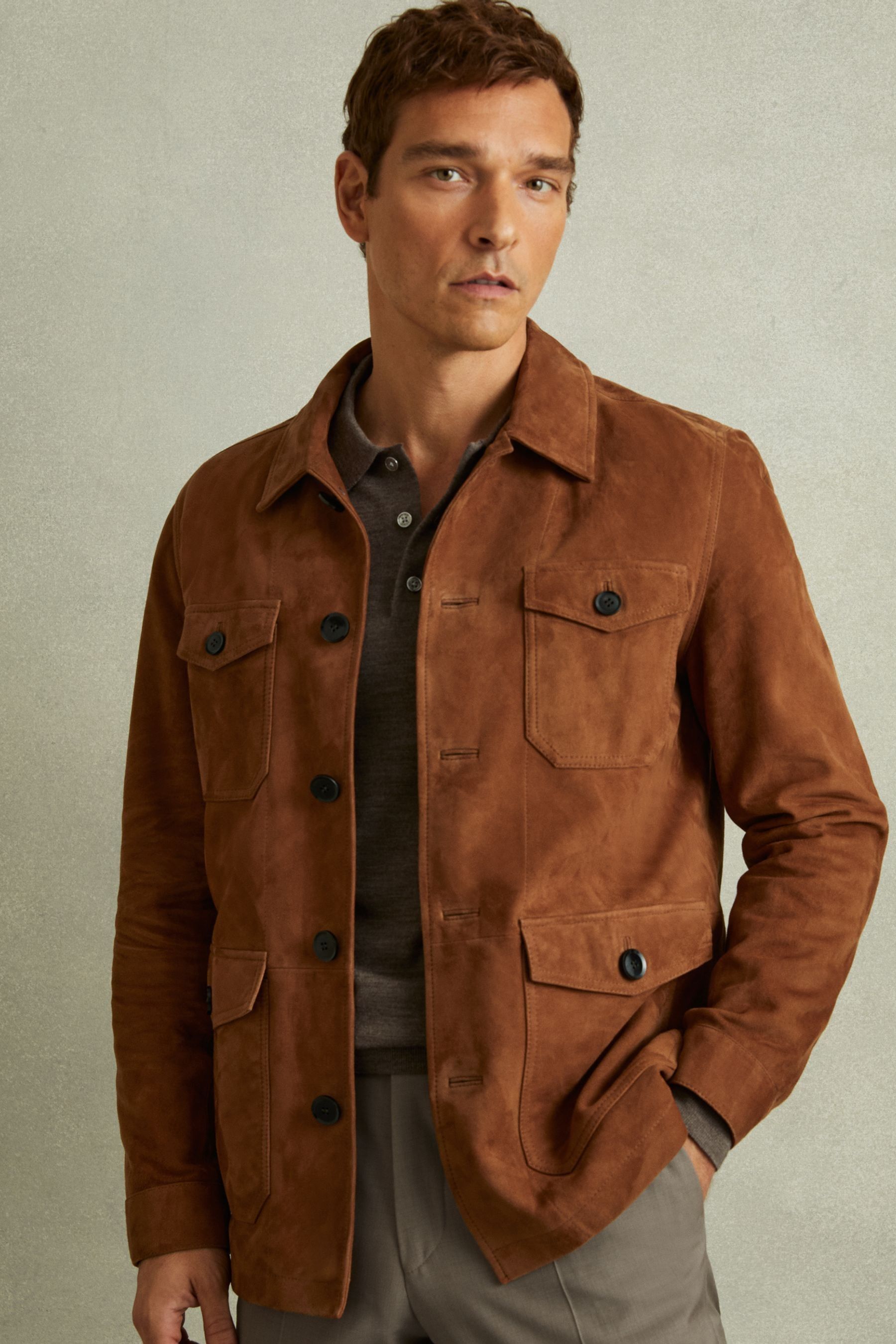 Reiss Tobacco Brown Clock Suede Front Pocket Jacket