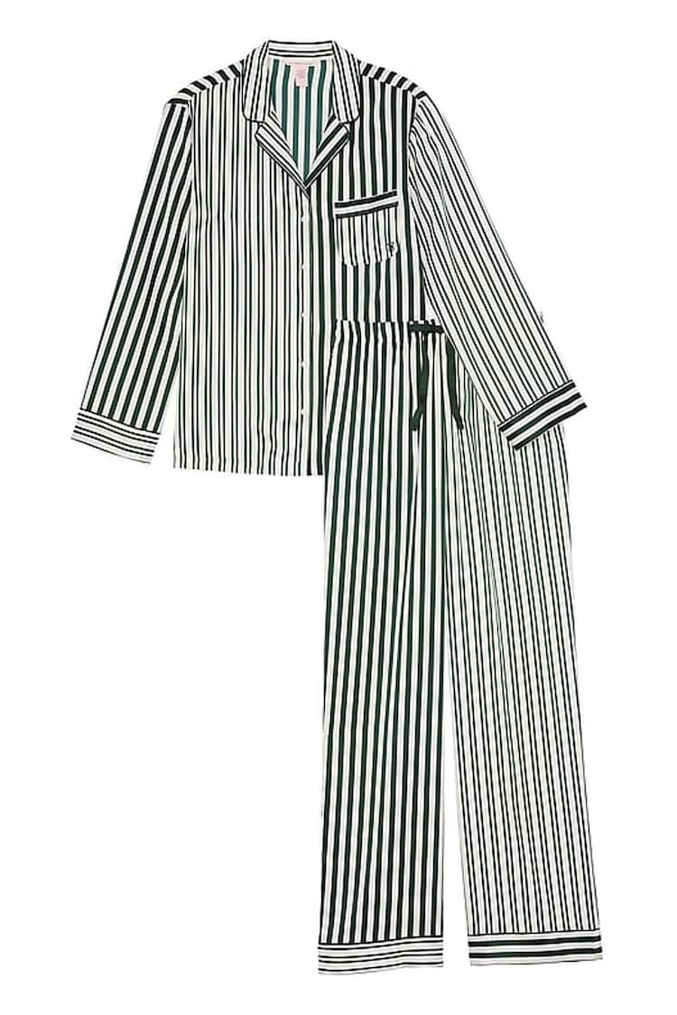 Victoria's Secret Botanical Green Iconic Stripe Satin Long Pyjama Set - Image 1 of 2