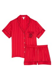 Victoria's Secret Lipstick Red Stripe Jacquard Satin Short Pyjama Set - Image 1 of 2