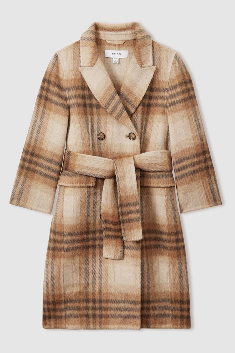 Reiss Brown Maeve Teen Checked Wool Blend Blindseam Coat - Image 1 of 5