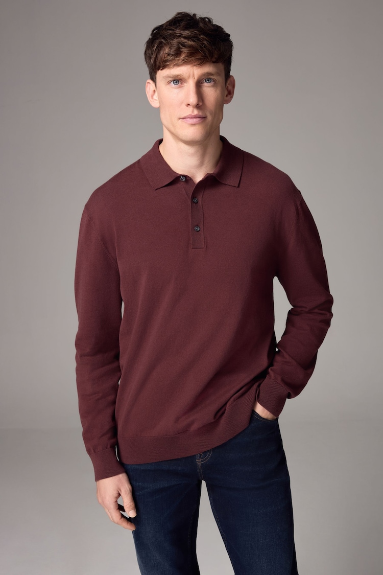 Red/Brown Slim Fit Knitted Long Sleeve Polo Shirt - Image 1 of 5