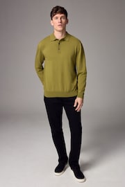 Green Olive Slim Fit Knitted Long Sleeve Polo Shirt - Image 2 of 6