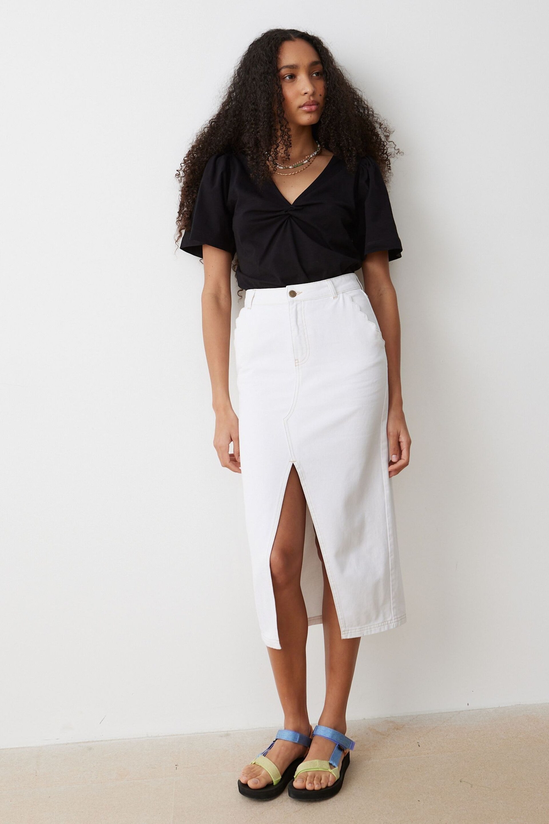 Oliver Bonas White Contrast Stitch Midi Skirt - Image 1 of 9