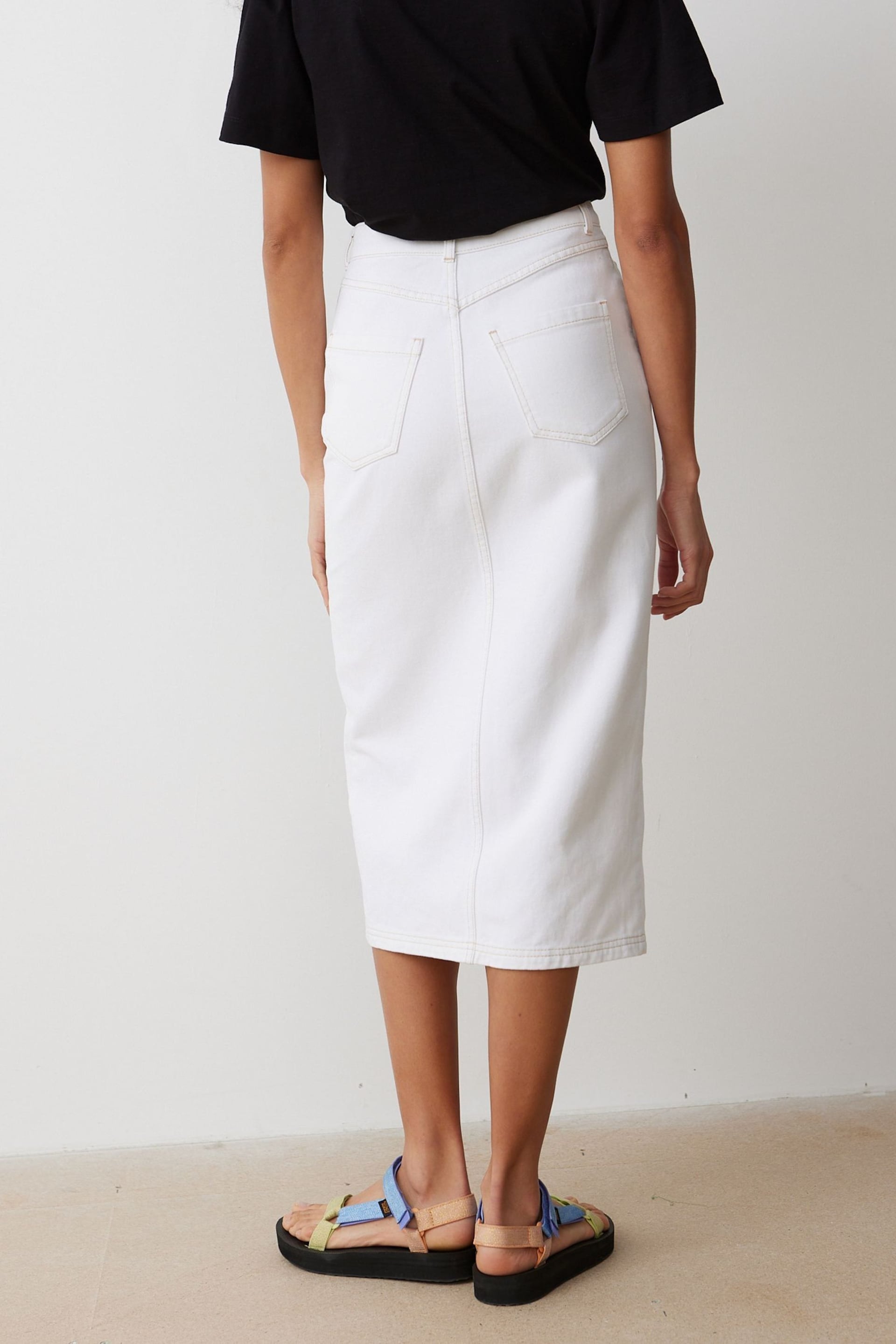 Oliver Bonas White Contrast Stitch Midi Skirt - Image 2 of 9