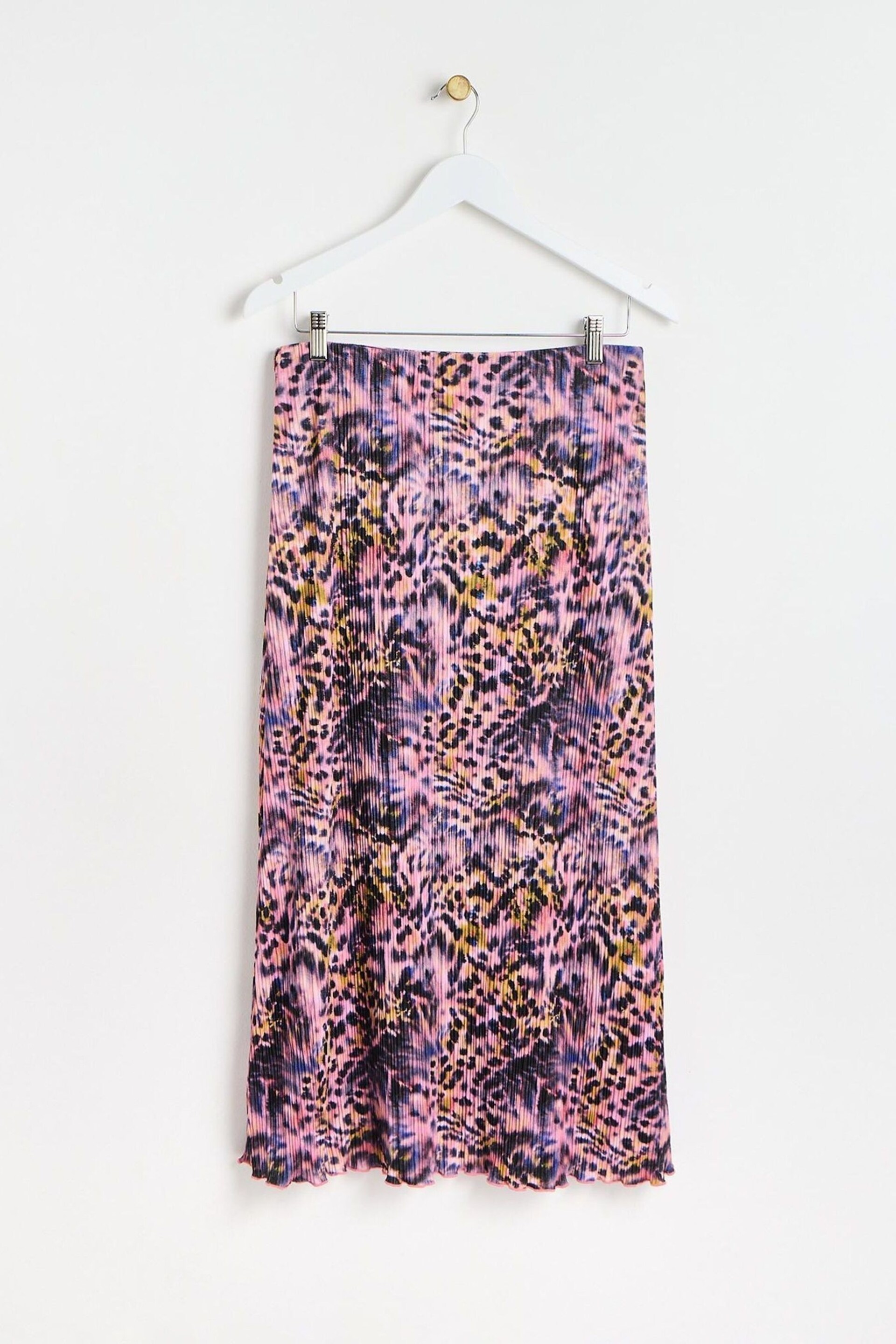 Oliver Bonas Pink Blurred Animal Print Plissé Midi Skirt - Image 4 of 8