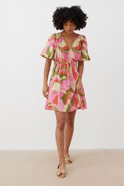 Oliver Bonas Green Leaf Print Puff Sleeve Mini Dress - Image 1 of 8