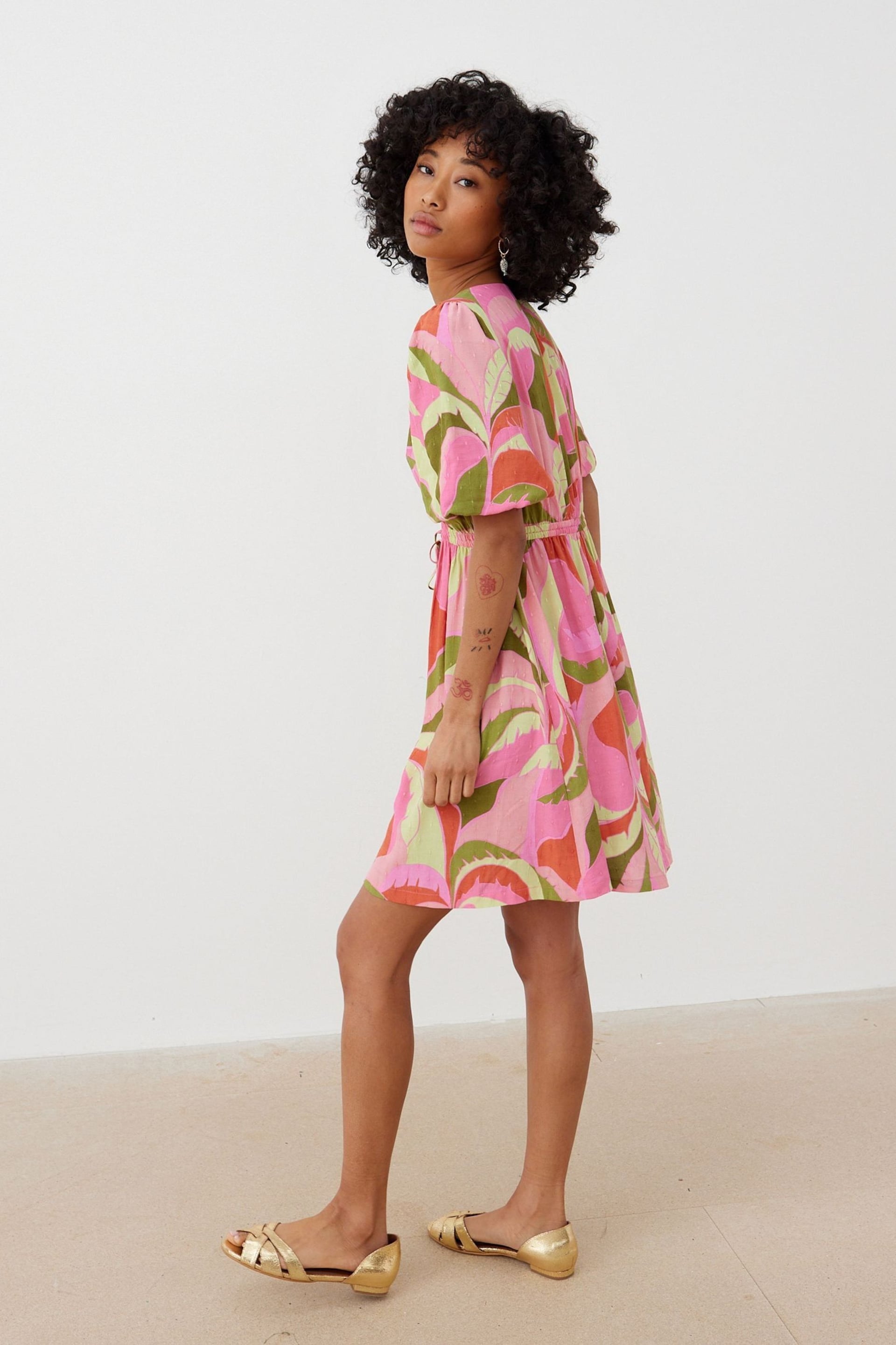 Oliver Bonas Green Leaf Print Puff Sleeve Mini Dress - Image 2 of 8