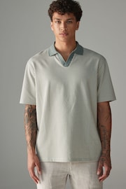 Sage Green Cuban Collar Textured 100% Cotton Short Sleeve Polo Shirt - Image 3 of 8