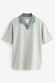 Sage Green Cuban Collar Textured 100% Cotton Short Sleeve Polo Shirt - Image 6 of 8