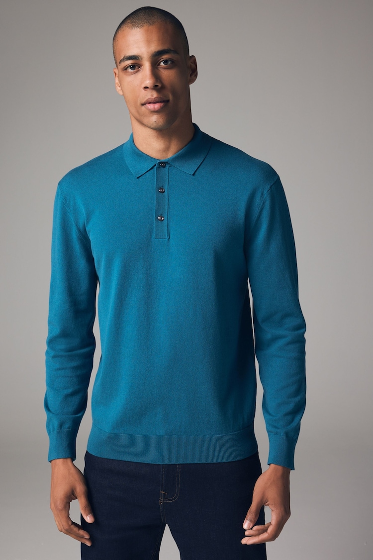 Teal Blue Regular Fit Knitted Long Sleeve Polo Shirt - Image 1 of 7