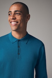 Teal Blue Regular Fit Knitted Long Sleeve Polo Shirt - Image 4 of 7